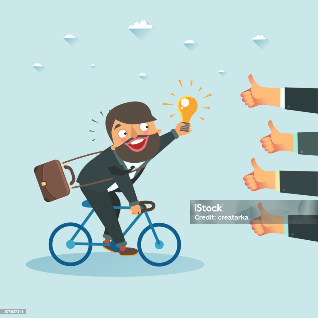 Businessman riding a bicycle towards lots of likes hands Businessman with new idea riding a bicycle towards lots of likes hands. Successful startup concept. Vector colorful illustration Achievement stock vector