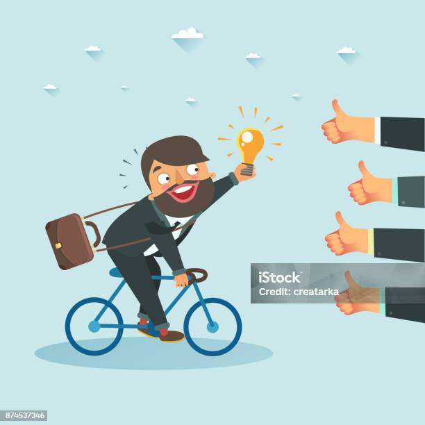 Businessman Riding A Bicycle Towards Lots Of Likes Hands Stock Illustration - Download Image Now