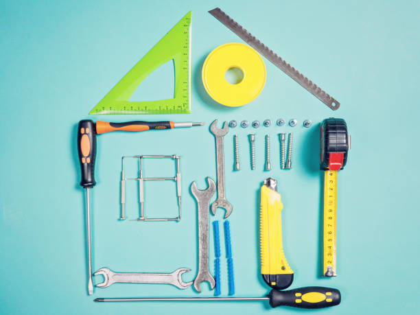 istock Home improvement concept. Set work hand tool for construction or repair of house 874538194
