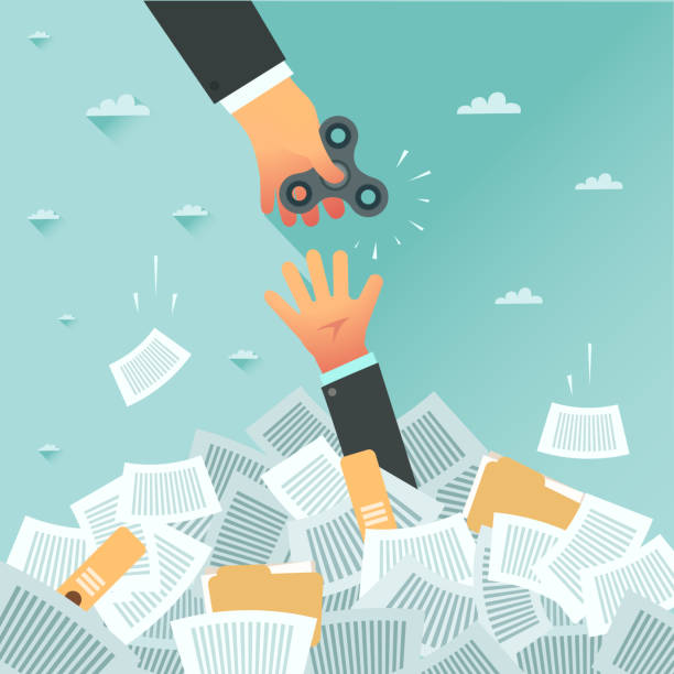 Overwhelmed student get spinner for good study and exam Overwhelmed student get spinner for good study and exam. Pile of papers and overwhelmed student. Too much study and stress. Education, work and relax concept.Vector flat design colorful illustration. no more homework stock illustrations