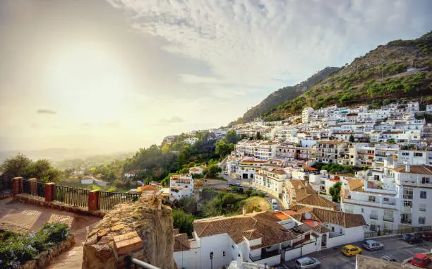 Panoramic view from fortress wall of Mijas village at sunset. Costa del Sol, Andalusia, Spain
