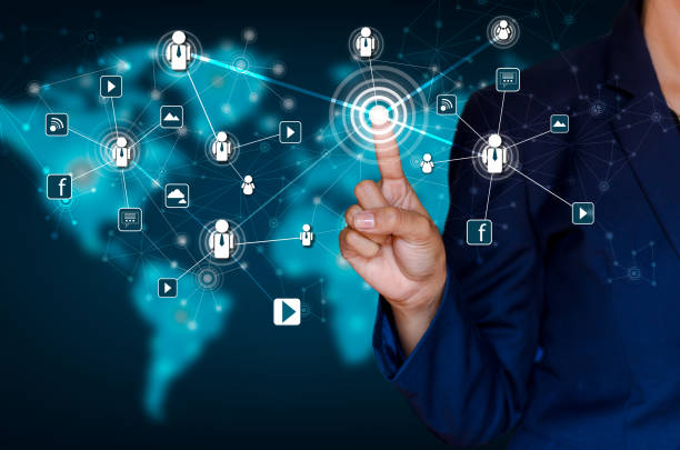 istock Communication technology network world map businessman pressing modern social buttons on a virtual background 874551090