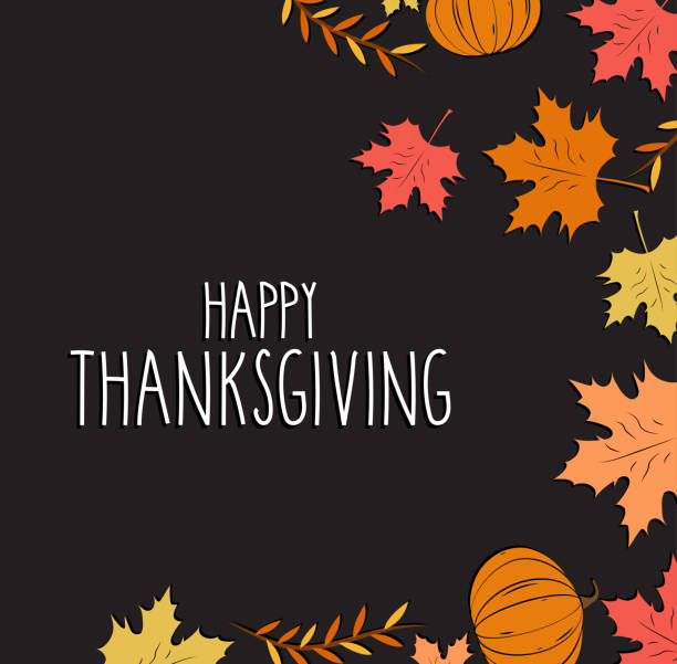 istock Thanksgiving poster on black background with leaf and pumpkins. Hand lettering. Vector illustration. 874554834