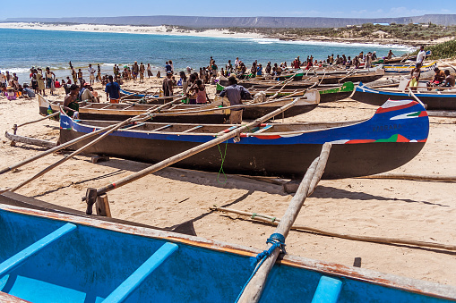 Lavanono, Madagascar, October 18, 2016: Malagasy fishermen and fishing boats on the beach of Lavanono in far south of Madagascar