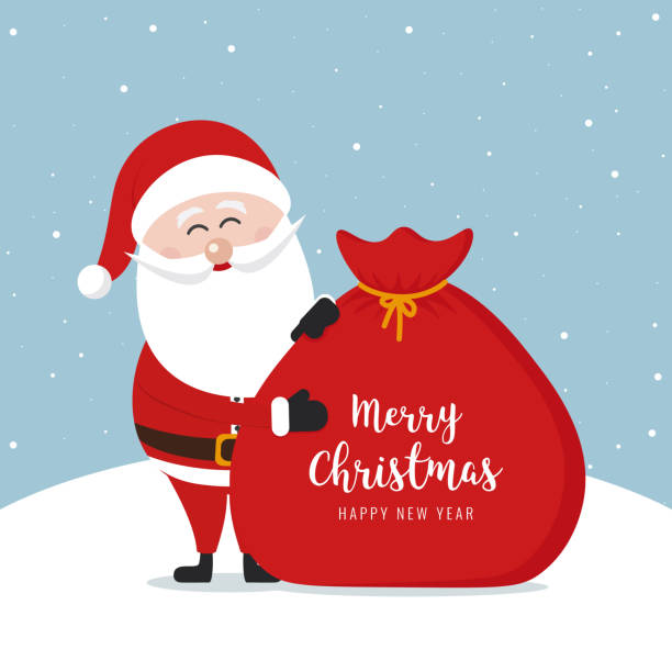 illustrazioni stock, clip art, cartoni animati e icone di tendenza di babbo natale sacco buon natale gretting testo sfondo innevato - santas bag