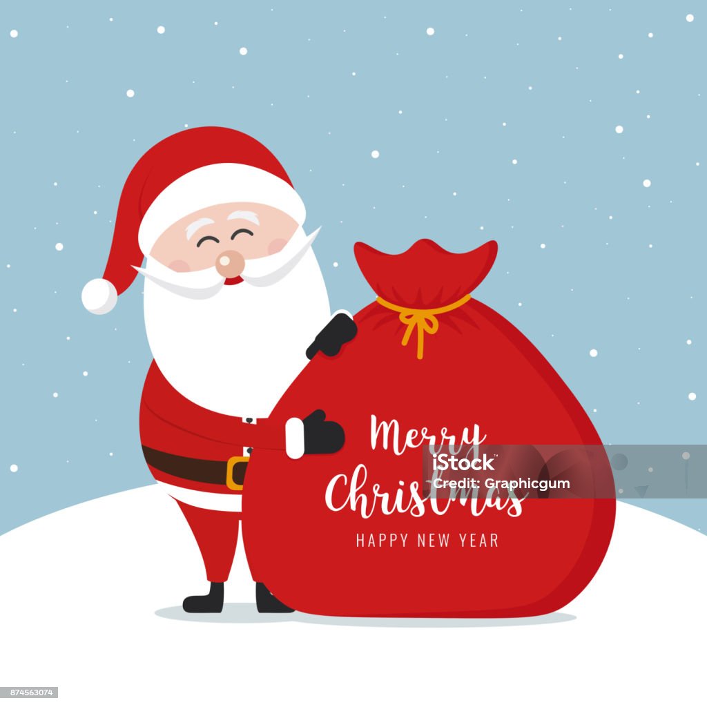 Santa claus sack merry christmas gretting text snowy background Santa Claus stock vector