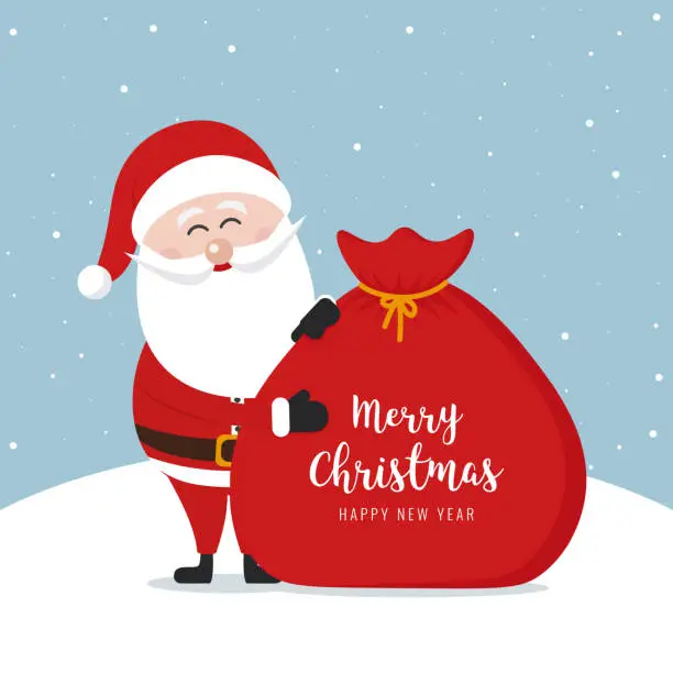 Vector illustration of Santa claus sack merry christmas gretting text snowy background