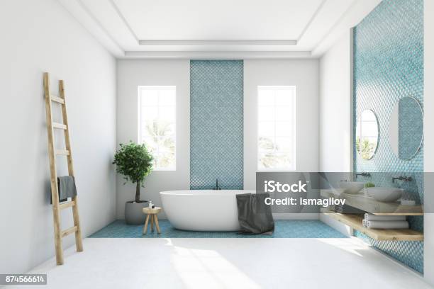 Blue And White Bathroom White Tub Stock Photo - Download Image Now - Bathroom, Luxury, Bathtub