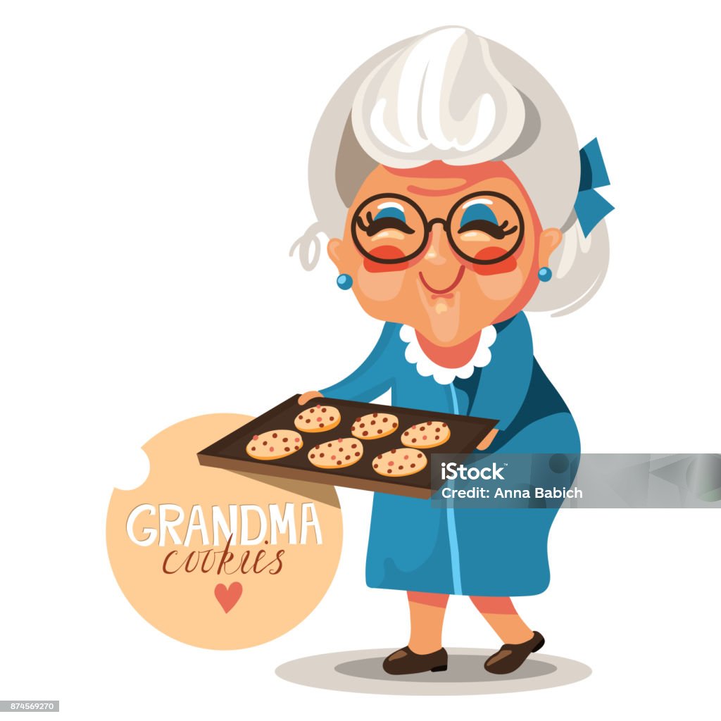 Adorable, cute, cartoon grandmother with cookies Adorable, cute, cartoon, flat character grandmother (grandma) in a blue dress and glasses with cooked, fresh baked cookies with chocolate chips Adult stock vector