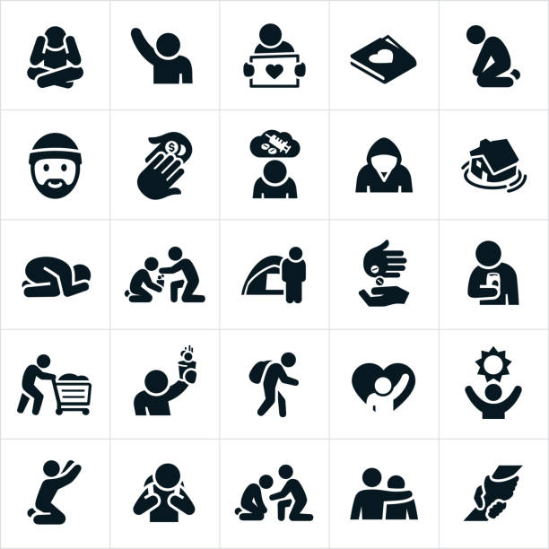 Homeless Icons An icon set of homelessness and poverty. The icons show several different situations of homeless people and focuses on their desperate state. The icons also depict substance abuse that is common among the homeless community. homeless person holding sign stock illustrations