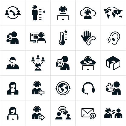 A set of call center or telemarketing icons. The icons show several instances of telemarketers on the phone.