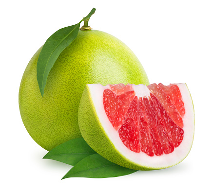 Pomelo citrus fruit with leaves isolated on white background. Clipping path included.