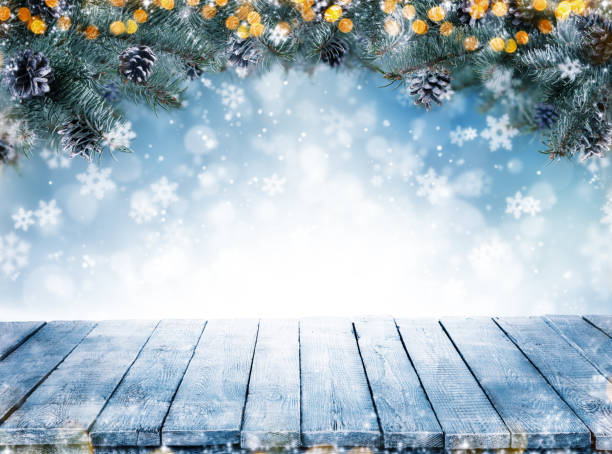 istock Christmas background with fir tree branches and empty vintage wooden planks 874593002