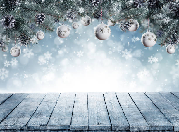 istock Christmas background with fir tree branches and empty vintage wooden planks 874593028