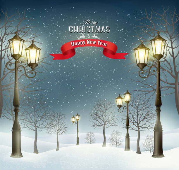 ilustraciones, imágenes clip art, dibujos animados e iconos de stock de navidad noche de invierno paisaje con lampposts. vector - holiday lights
