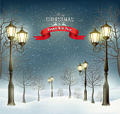 Christmas evening winter landscape with lampposts. Vector