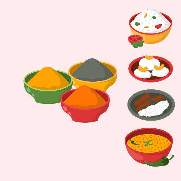 illustrations, cliparts, dessins animés et icônes de illustration vectorielle de restaurant cuisine saine alimentation de poulet jalfrezi indienne poulet au curry riz et légumes divers épices - cardamom condiment spice asian cuisine