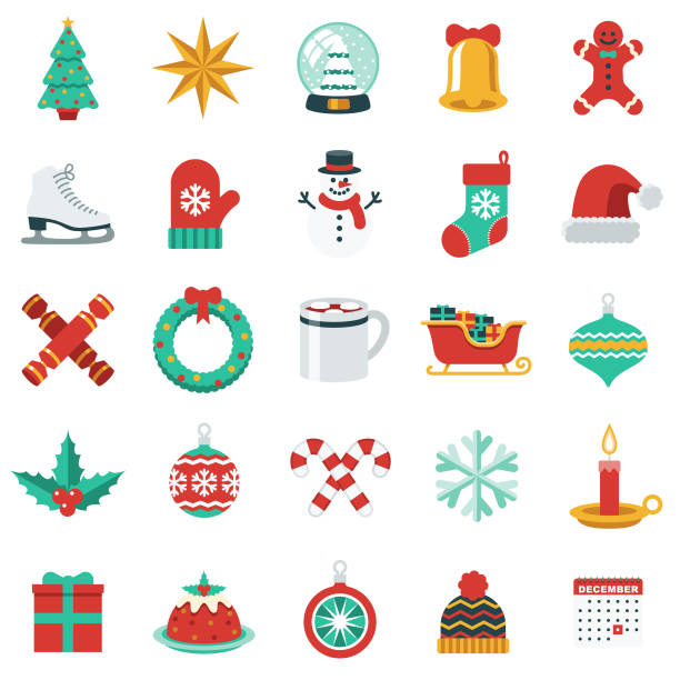 illustrazioni stock, clip art, cartoni animati e icone di tendenza di icona di natale impostata in stile design piatto - holiday symbols