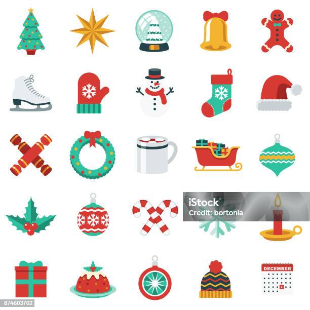 Christmas Icon Set In Flat Design Style Stock Illustration - Download Image Now - Christmas, Icon Symbol, Winter