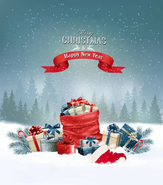 Vector illustration of Christmas holiday background with a red sack full presents. Vector.
