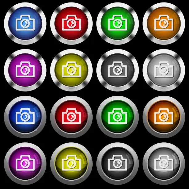 Vector illustration of Camera white icons in round glossy buttons on black background