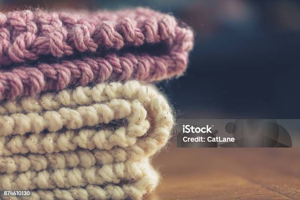 Hand Knitted Chunky Wool Blankets Stock Photo - Download Image Now - Blanket, Folded, Knitted