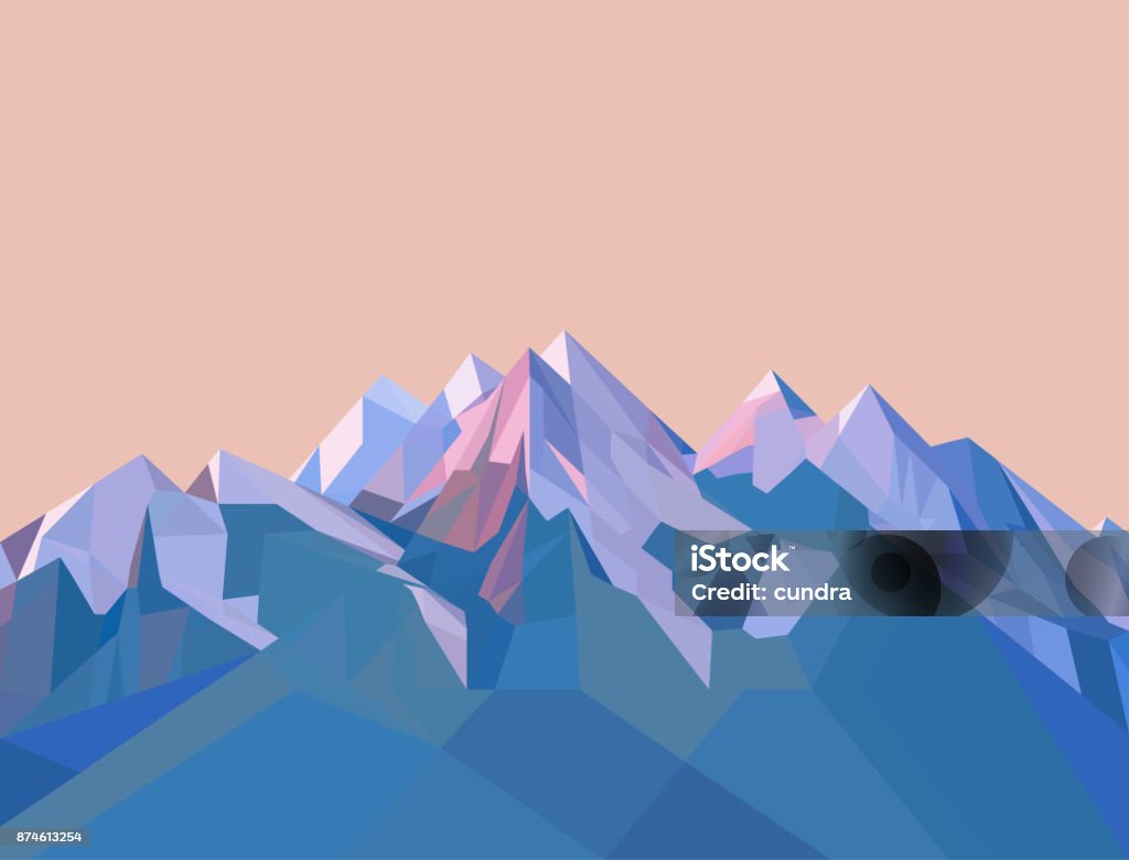 Polygonal Mountains Vector low poly landscape background. High mountains, with snow on the top. Sunset in nature. Mountain stock vector