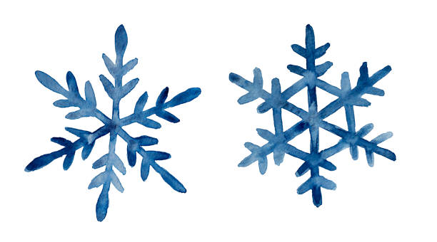 두 개의 어두운 블루 수채화 눈송이 그림의 집합입니다. 휴일 전통 장식, 겨울, 추운 날씨, 독특한 아름다움의 상징의 기호. - 눈송이 일러스트 stock illustrations