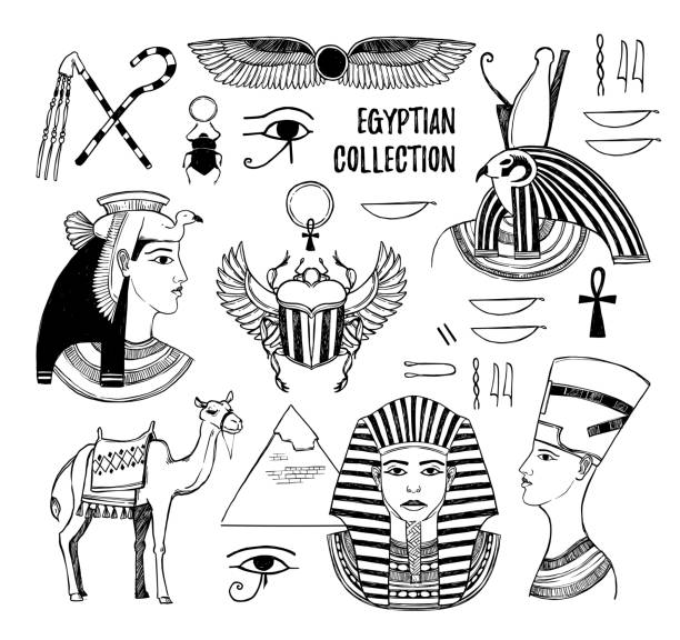 нарисованная вручную векторная иллюстрация - египетская коллекция. боги древнего египта, фараон, жук скарабея, верблюд, египетские символы. - культура египта иллюстрации stock illustrations