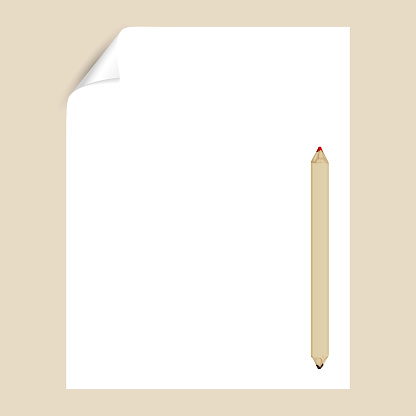 Graphite pencil on a white sheet of writing paper with a curved corner. An empty paper page for drawing or writing with a pencil. Mockup with stationery