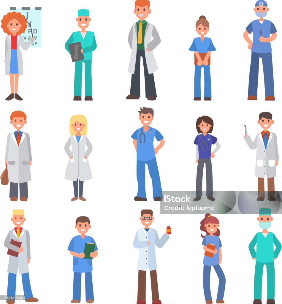 Different doctors people profession specialization nurses and medical staff people hospital character vector illustration Different doctors people profession specialization nurses and medical staff people hospital character vector illustration. Medico person physician intern medic specialist. Employee stock vector