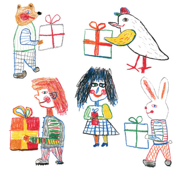 People, bear and bunny with gift boxes Creative crayon drawing of people and animals with gifts. Concept of kindness, giving, joy of giving and to treat somebody senior birthday card stock illustrations
