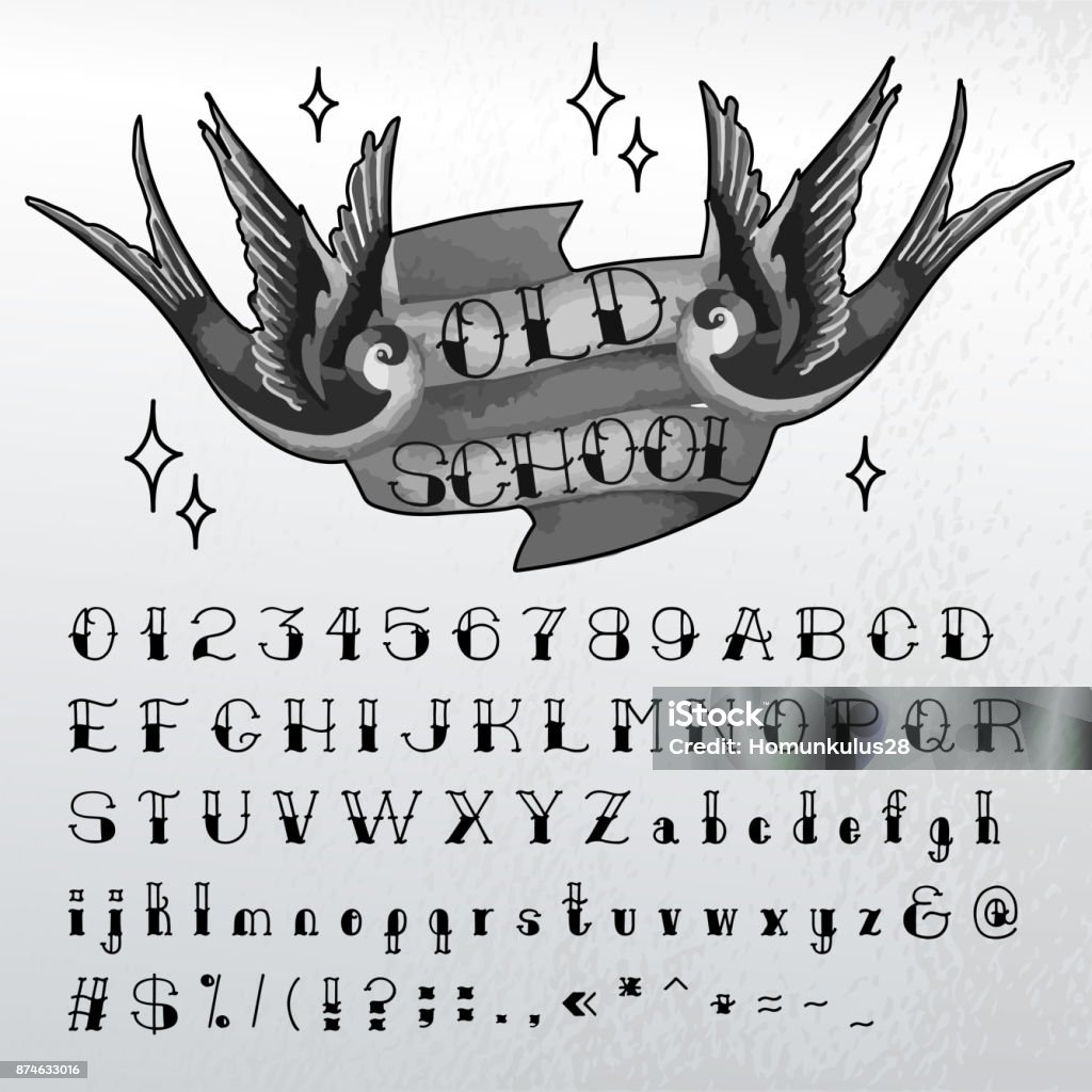 Hand written Old school font Hand written oldschool alphabet. Traditional tattoo style Tattoo stock vector