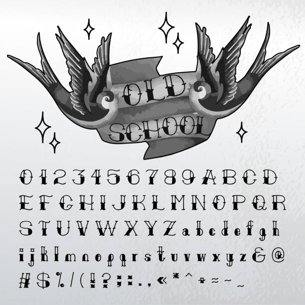 Hand written Old school font Hand written oldschool alphabet. Traditional tattoo style tattoo stock illustrations