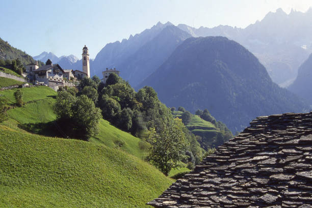 Steep terrain in early morning light and pastures and terraced fields and meadows in early morning in Soglio Switzerland