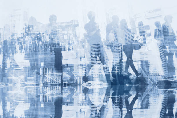 crowd of business people commuters double exposure business people double exposure with reflection, abstract silhouettes of crowd, concept background defocused office business motion stock pictures, royalty-free photos & images