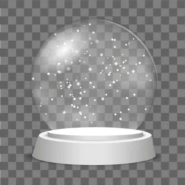 Vector illustration of Christmas Globe with falling snow on transparent background. Vector.