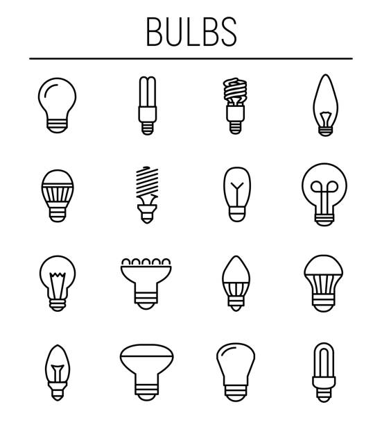 ilustraciones, imágenes clip art, dibujos animados e iconos de stock de conjunto de iconos de la bombilla en estilo de línea fina moderna. - compact fluorescent lightbulb