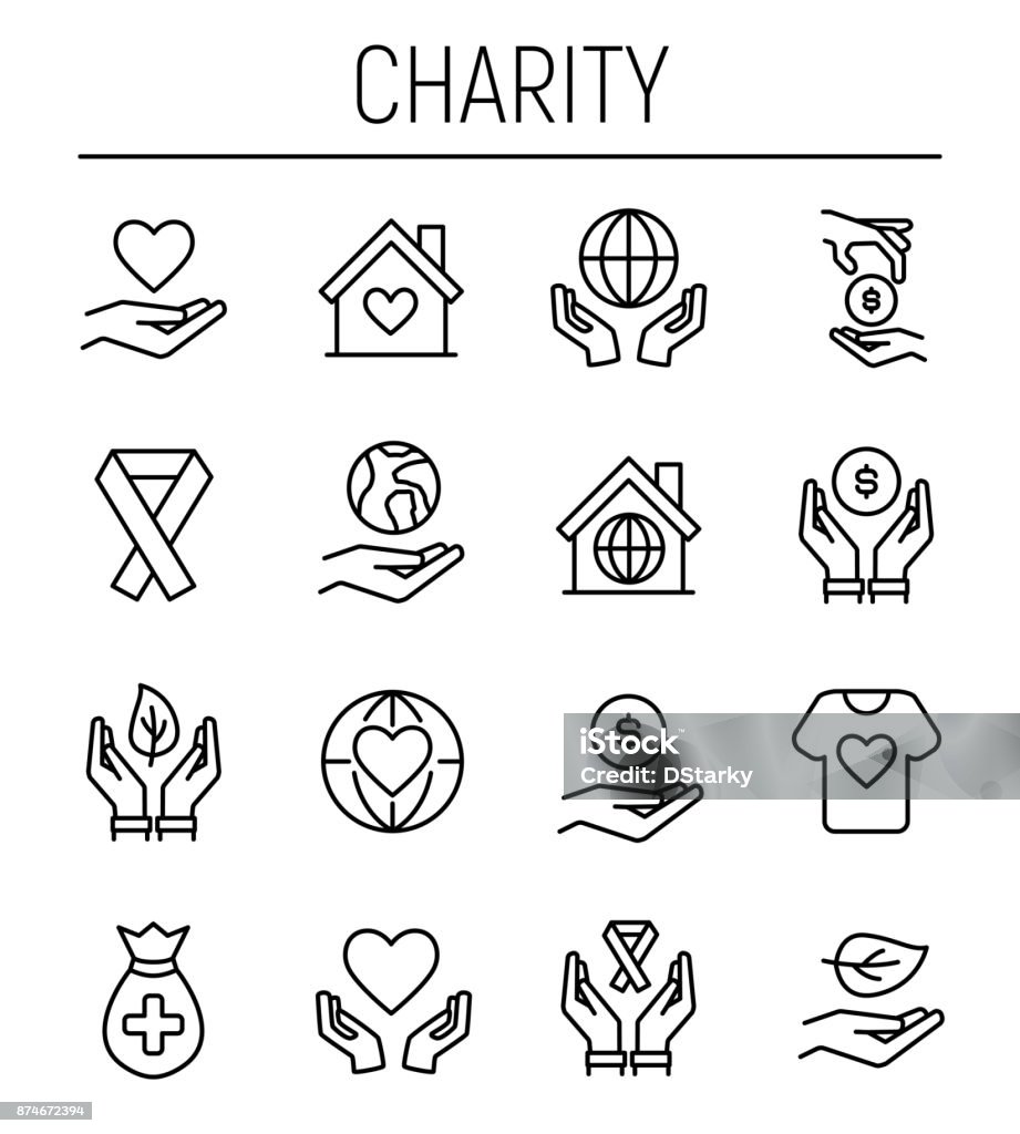 Ensemble d’icônes de charité dans un style moderne ligne mince. - clipart vectoriel de Globe terrestre libre de droits
