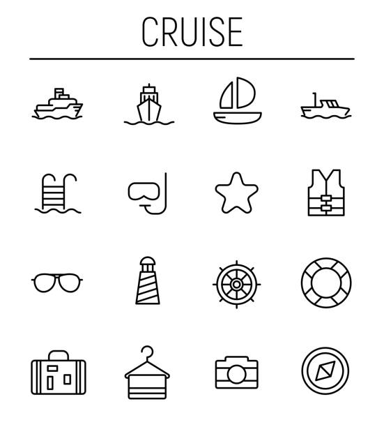 illustrations, cliparts, dessins animés et icônes de ensemble d’icônes de croisière dans un style moderne ligne mince. - nautical vessel journey diving flipper