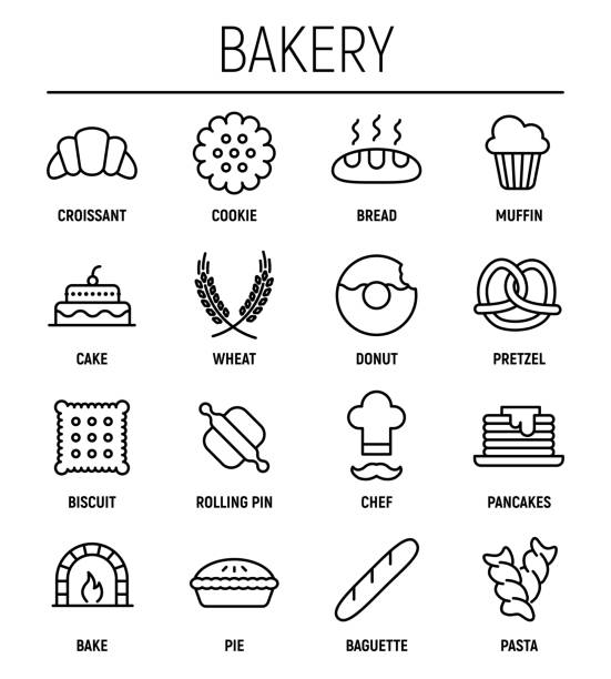 ilustrações de stock, clip art, desenhos animados e ícones de set of 16 bakery thin line icons. - birthday cupcake pastry baking