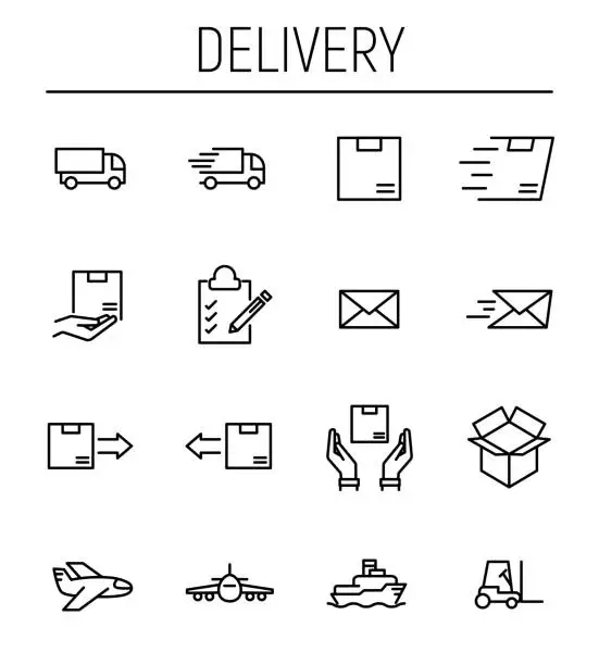 Vector illustration of Set of 16 delivery thin line icons.