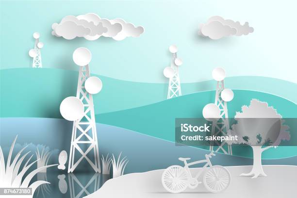 Telecommunication Mast Television Antennas In Paper Cut Stock Illustration - Download Image Now
