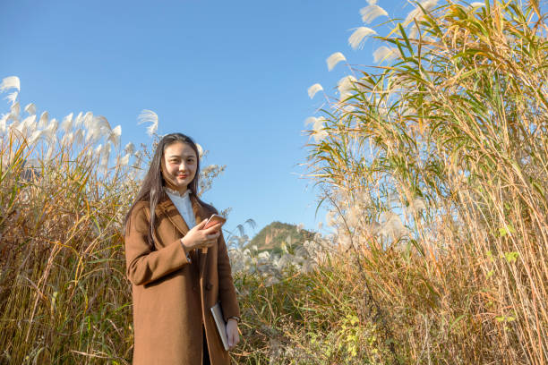attractive woman using phone and tablet amidst reed plants.