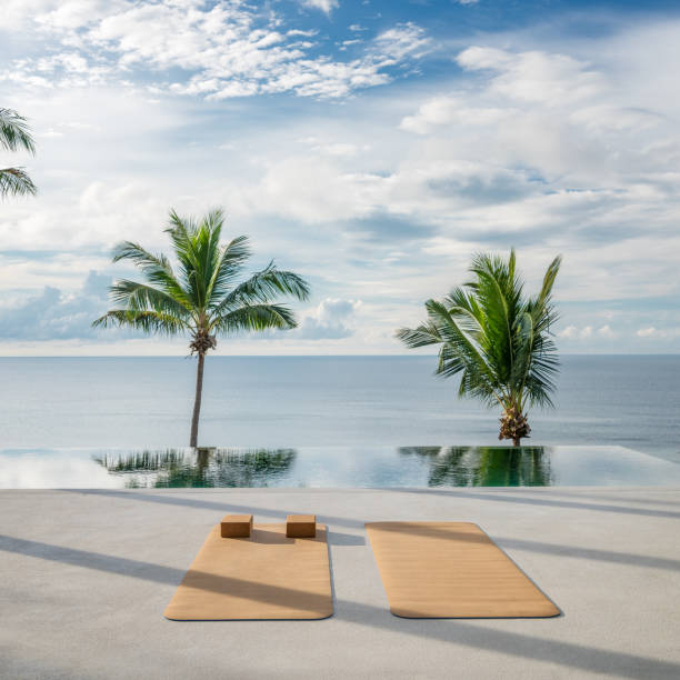 istock Yoga Exercise Background, Palm Tree, Sunrise, Tropical 874676146