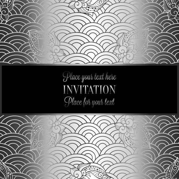 Vector abstract wavy invitation card with geometrical fish scale layout. Silver grey tracery on a dark black background. Fan shaped stylized ocean waves. Fish scales with decorative flowers Vector abstract wavy invitation card with geometrical fish scale layout. Silver grey tracery on a dark black background. Fan shaped stylized ocean waves. Fish scales with decorative flowers. mia grey stock illustrations