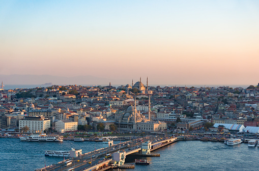Aerial view of Galata bridge of Golden Horn bay and Eminonu station. Istanbul, Turkey