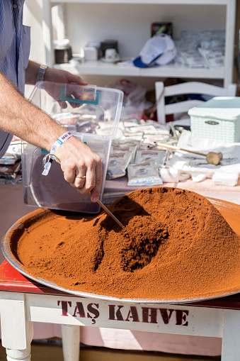 Istanbul, Turkey - September 24, 2017: Istanbul Coffee Festival held at Kucukciftlik Park in macka, Istanbul, Turkey. Making of Turkish dibek coffee