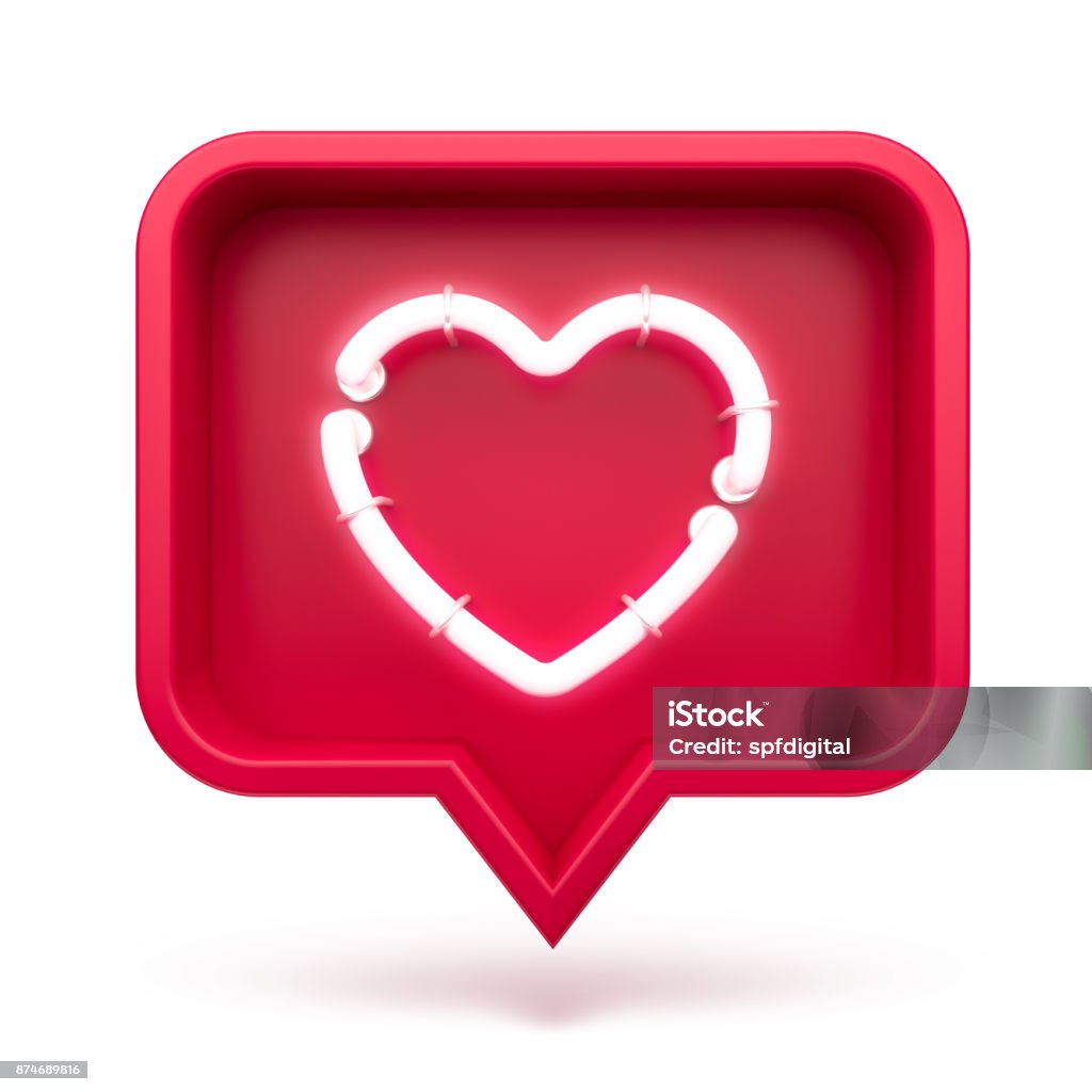 Like heart icon on a red pin isolated on white background. Neon Like symbol. 3d render Heart Shape Stock Photo