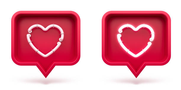 Set Like heart icon on a red pin isolated on white background. Neon Like symbol. 3d render